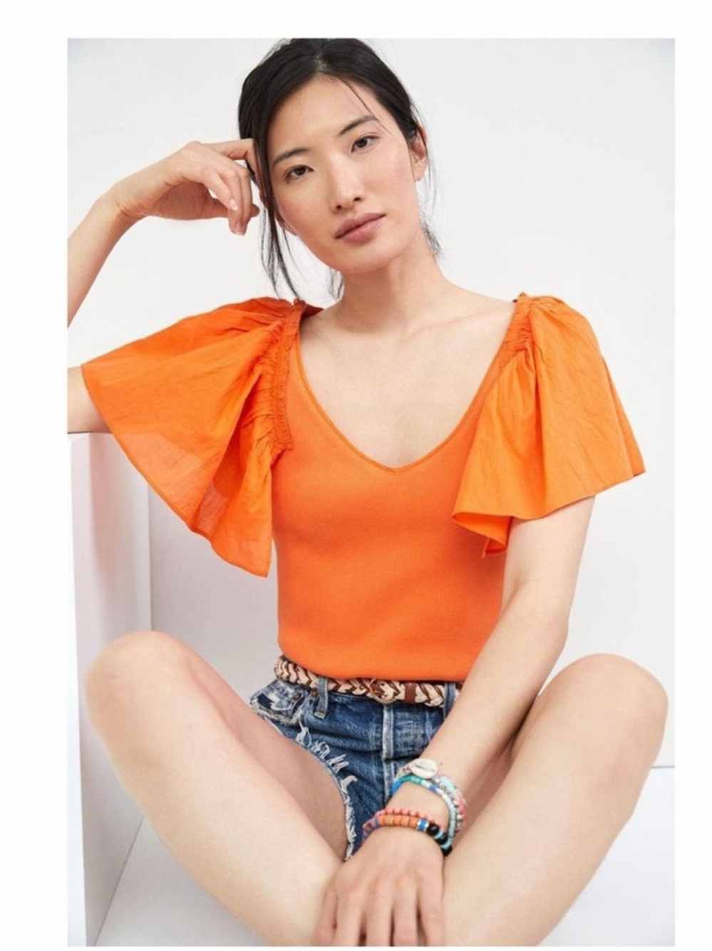 Anthropologie Orange Puff-Sleeve V-Neck Top NWT size small